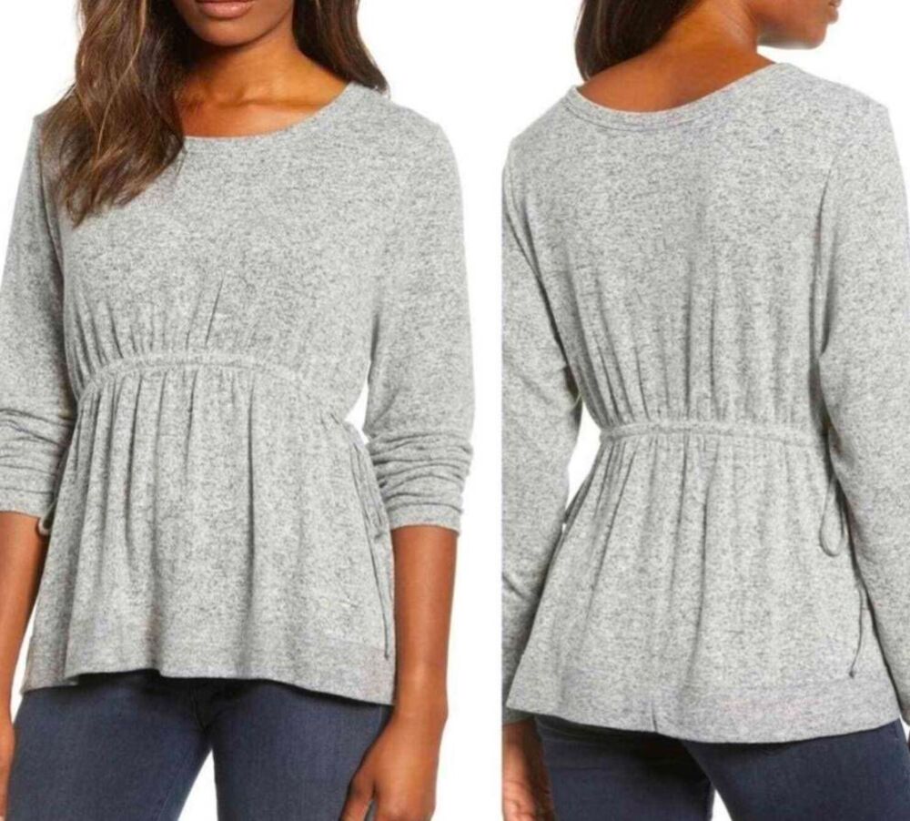 NWT Caslon Gray Heather Cinched Tie Waist Peplum Knit Top Size M